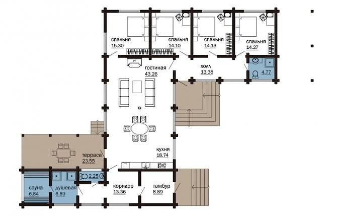 Drewniany dom "Terem" jednokondygnacyjny dom z sauną klejone belki 200 m2 cena na żądanie domokomplekta